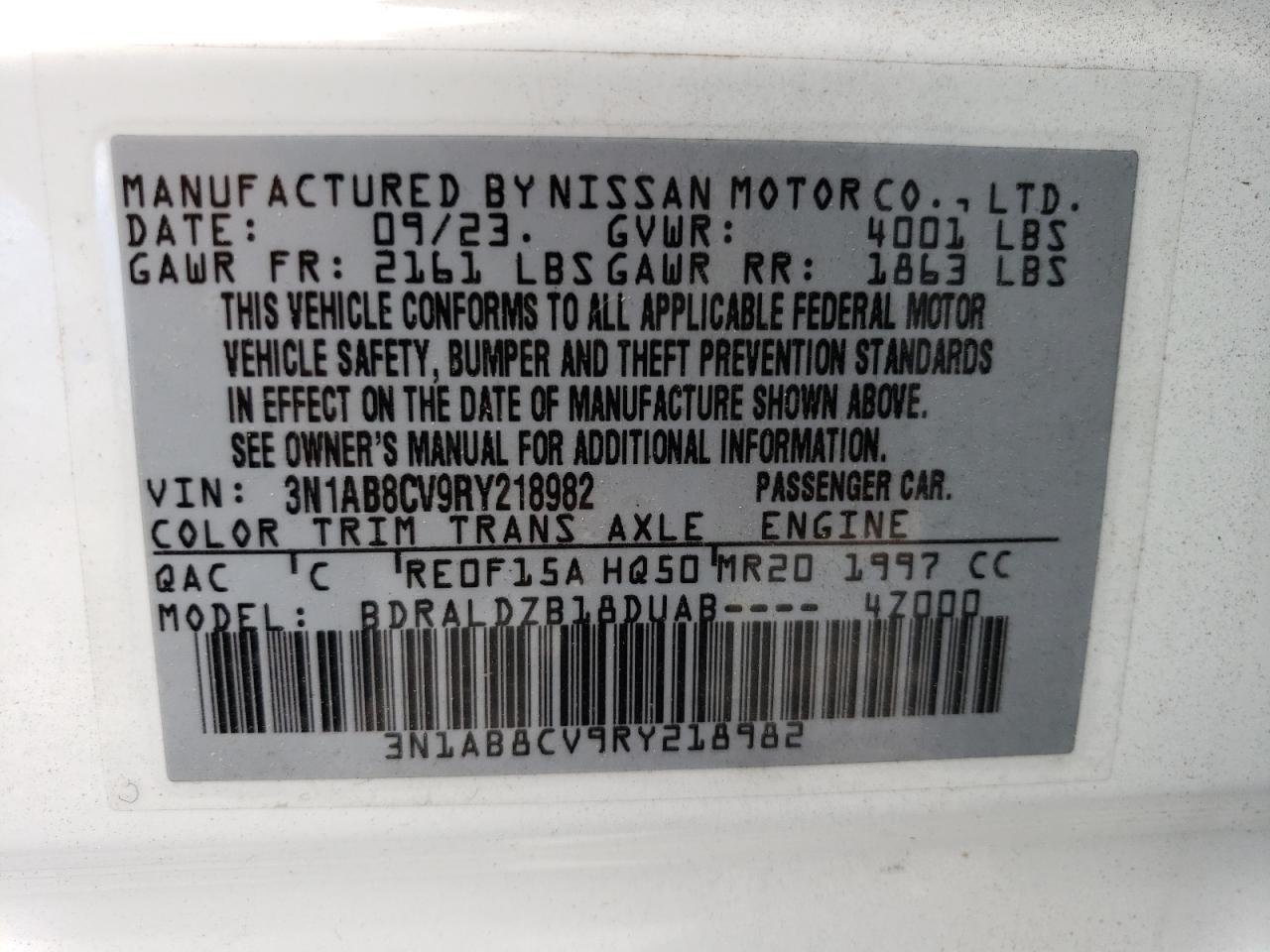 2024 NISSAN SENTRA SV VIN:3N1AB8CV9RY218982