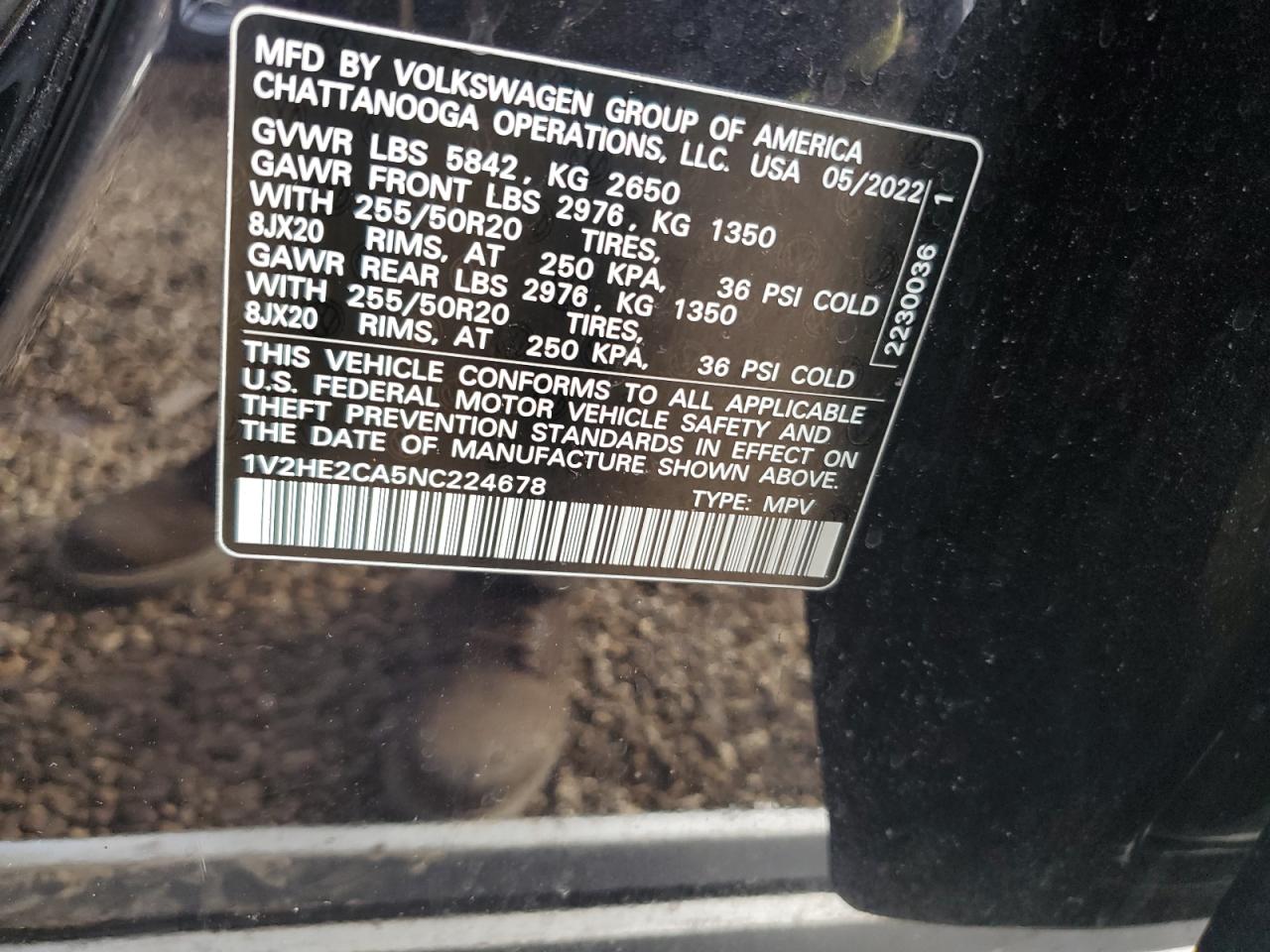2022 VOLKSWAGEN ATLAS CROSS SPORT SE VIN:1V2HE2CA5NC224678