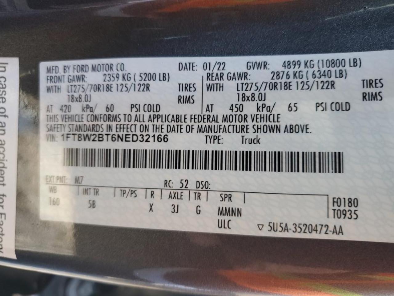 2022 FORD F250 SUPER DUTY VIN:1FT8W2BT6NED32166