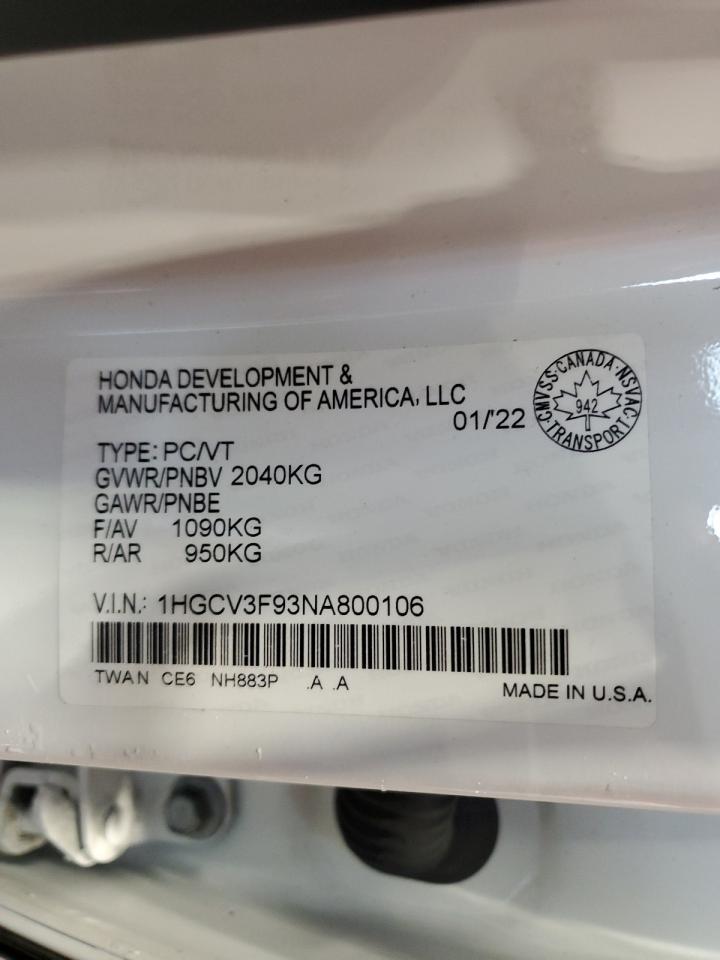 2022 HONDA ACCORD TOURING HYBRID VIN:1HGCV3F93NA800106