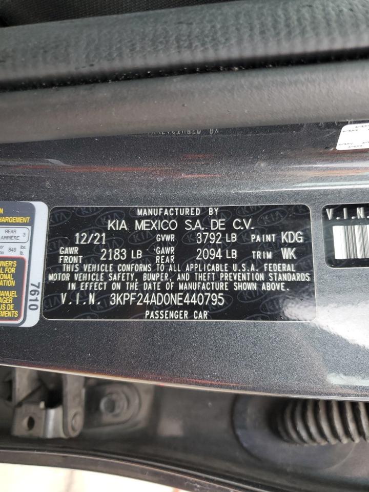 2022 KIA FORTE FE VIN:3KPF24AD0NE440795
