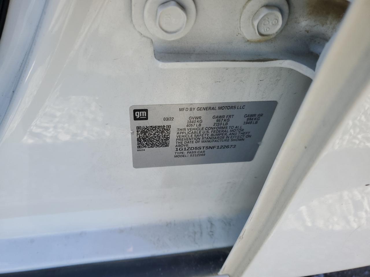 2022 CHEVROLET MALIBU LT VIN:1G1ZD5ST5NF122673