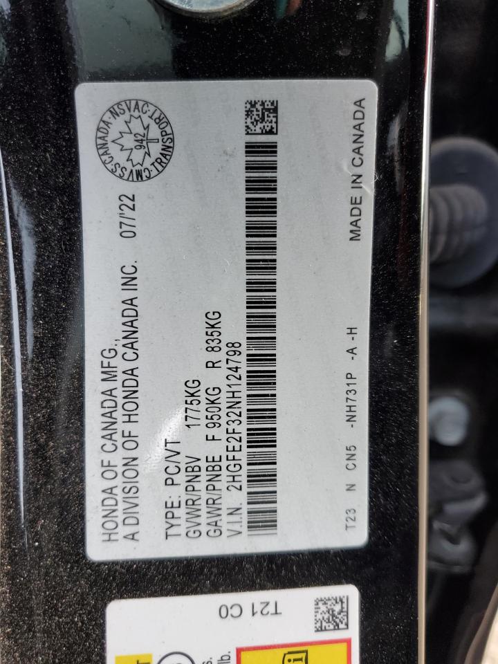 2022 HONDA CIVIC EX VIN:2HGFE2F32NH124798