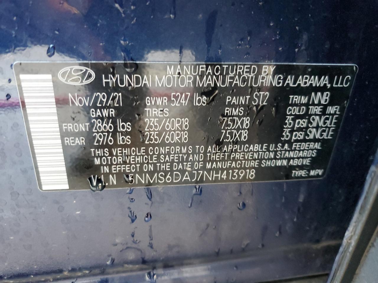 2022 HYUNDAI SANTA FE SEL VIN:5NMS6DAJ7NH413918