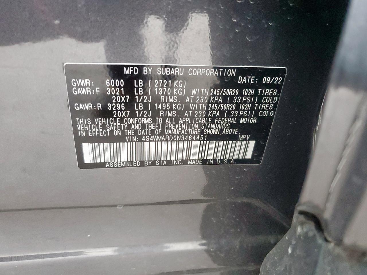 2022 SUBARU ASCENT TOURING VIN:4S4WMARD0N3464451