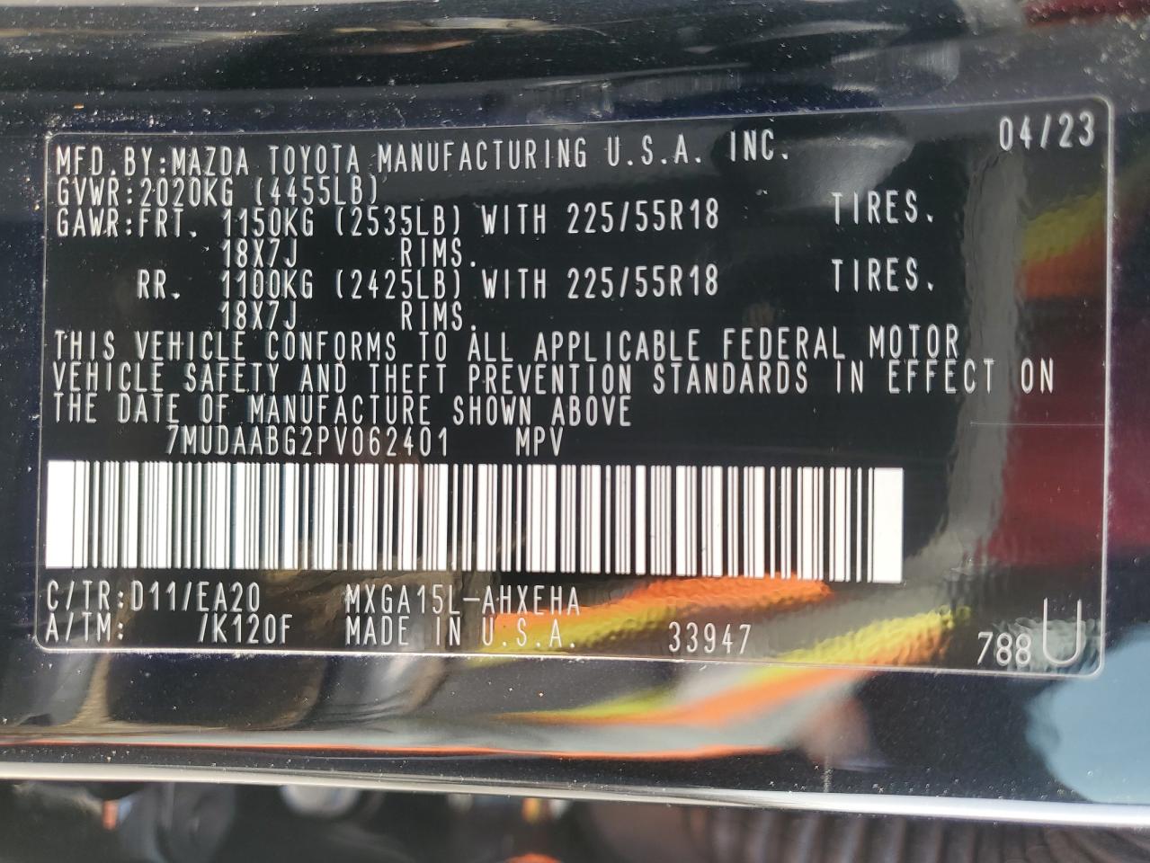 2023 TOYOTA COROLLA CROSS XLE VIN:7MUDAABG2PV062401