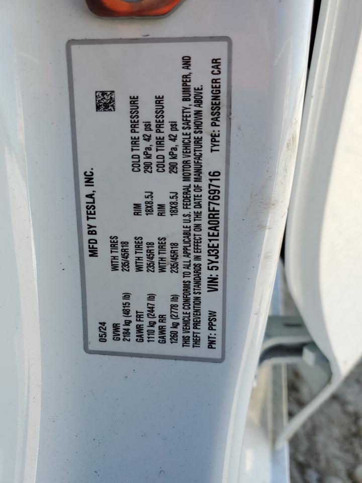 2024 TESLA MODEL 3  VIN:5YJ3E1EA0RF769716