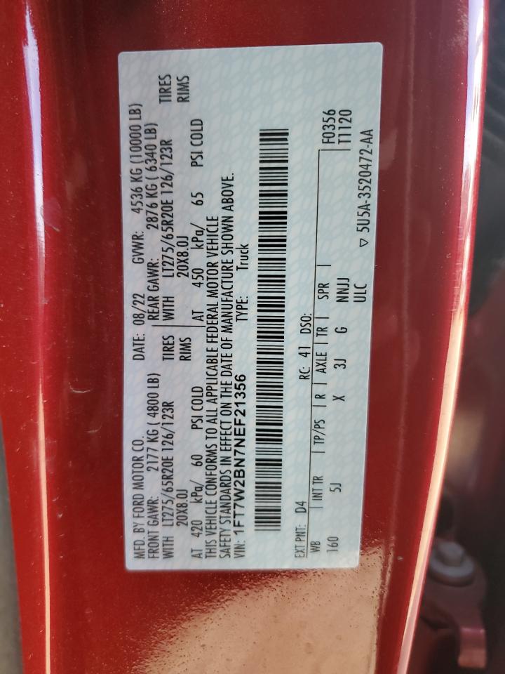 2022 FORD F250 SUPER DUTY VIN:1FT7W2BN7NEF21356