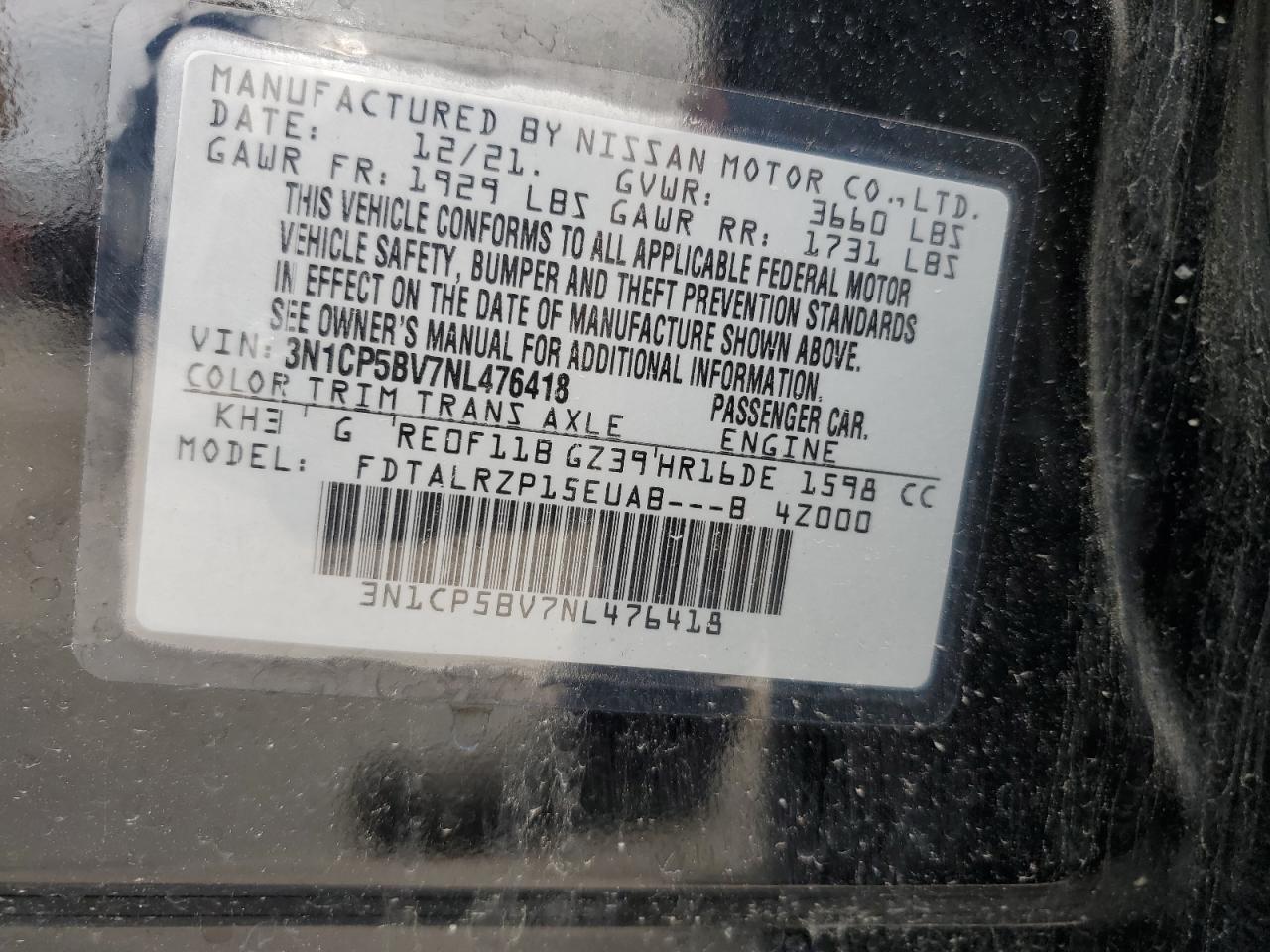 2022 NISSAN KICKS S VIN:3N1CP5BV7NL476418