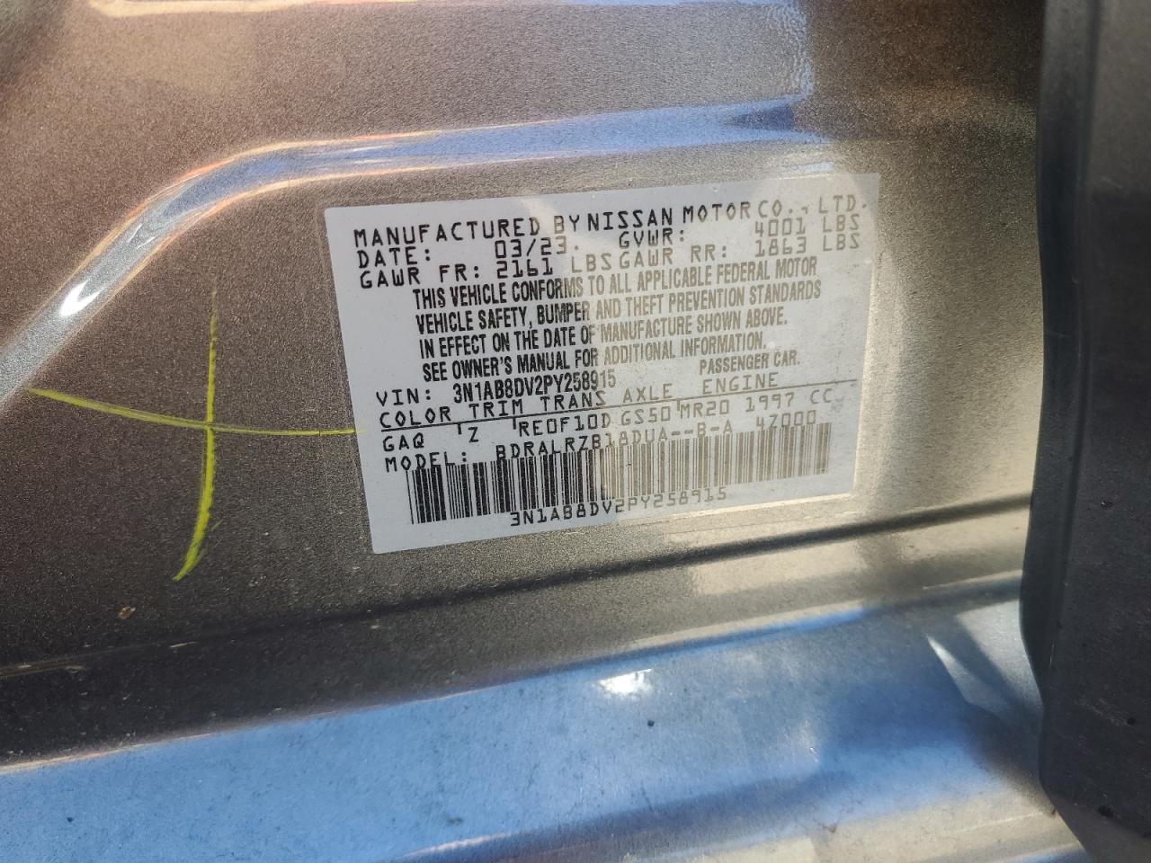 2023 NISSAN SENTRA SR VIN:3N1AB8DV2PY258915