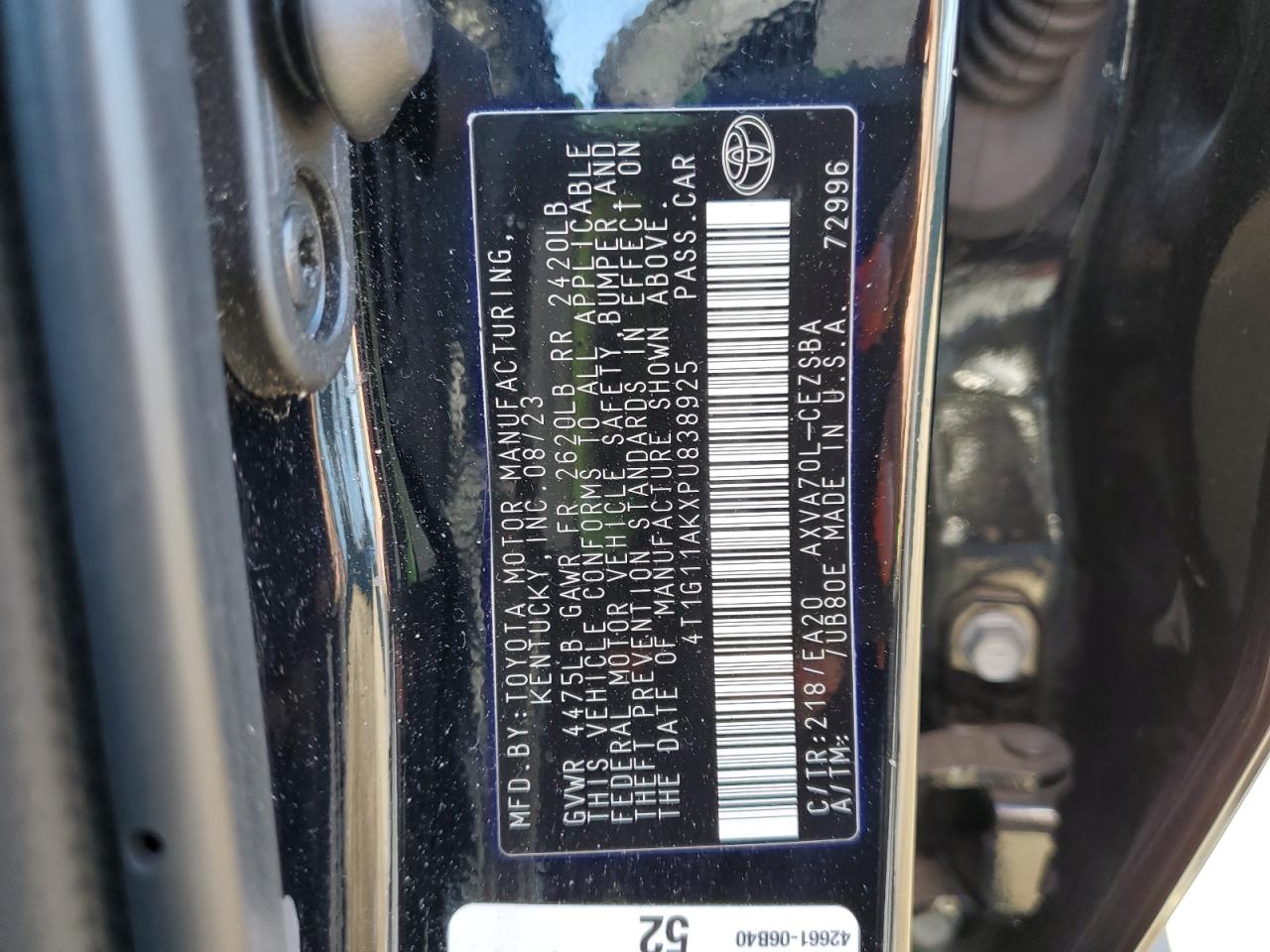 2023 TOYOTA CAMRY SE NIGHT SHADE VIN:4T1G11AKXPU838925