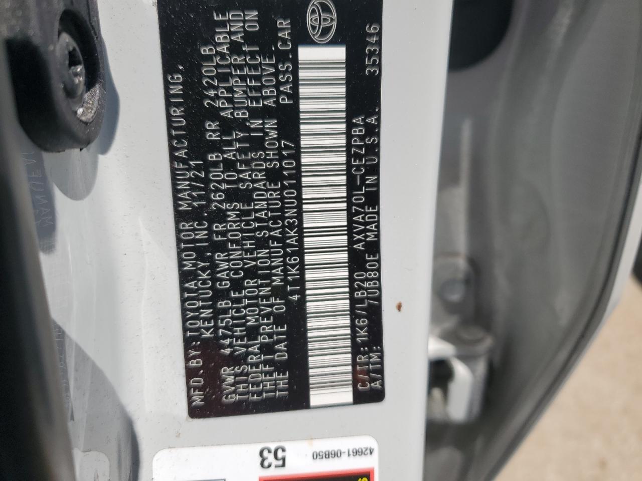 2022 TOYOTA CAMRY XSE VIN:4T1K61AK3NU011017