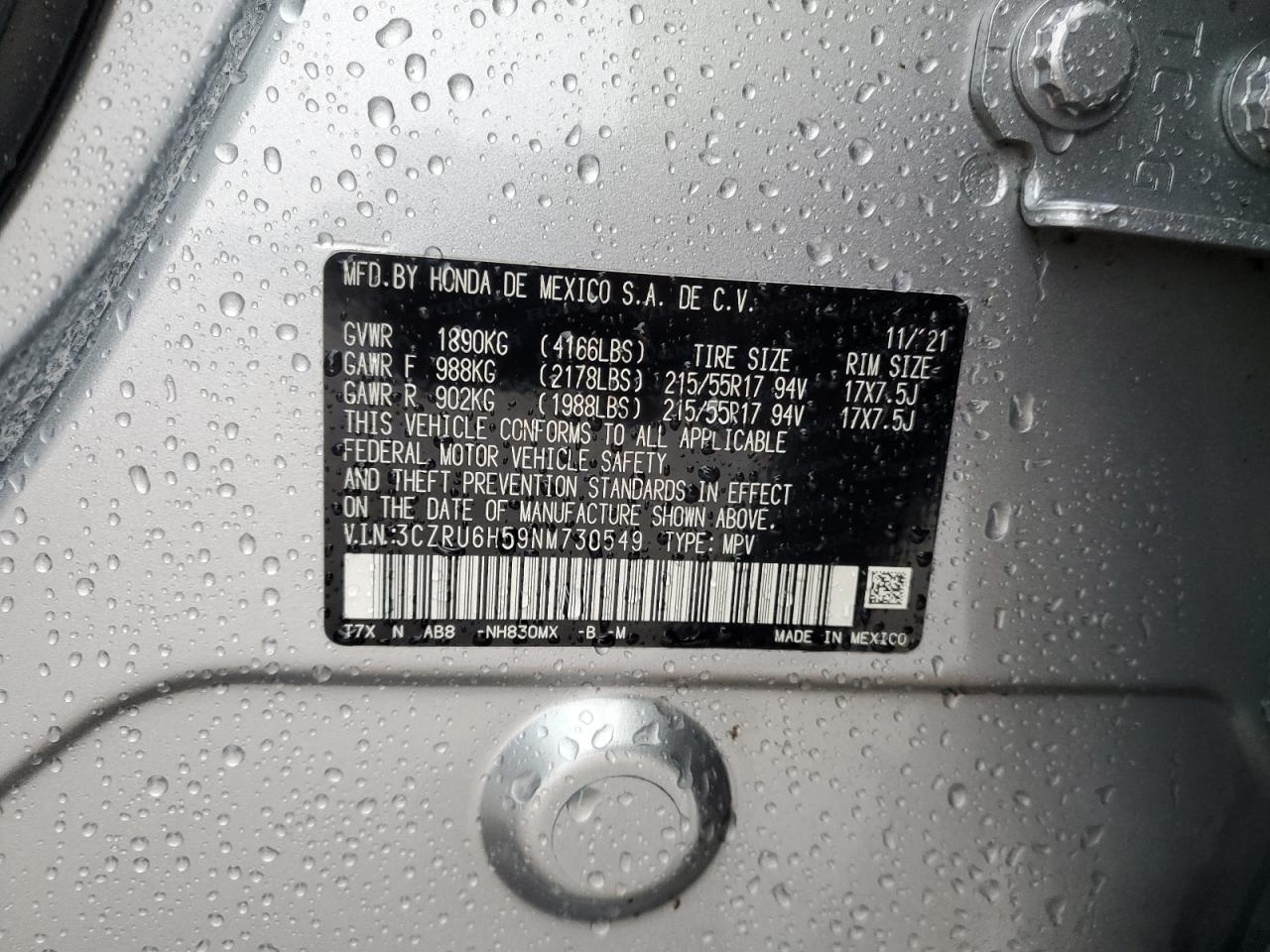 2022 HONDA HR-V EX VIN:3CZRU6H59NM730549