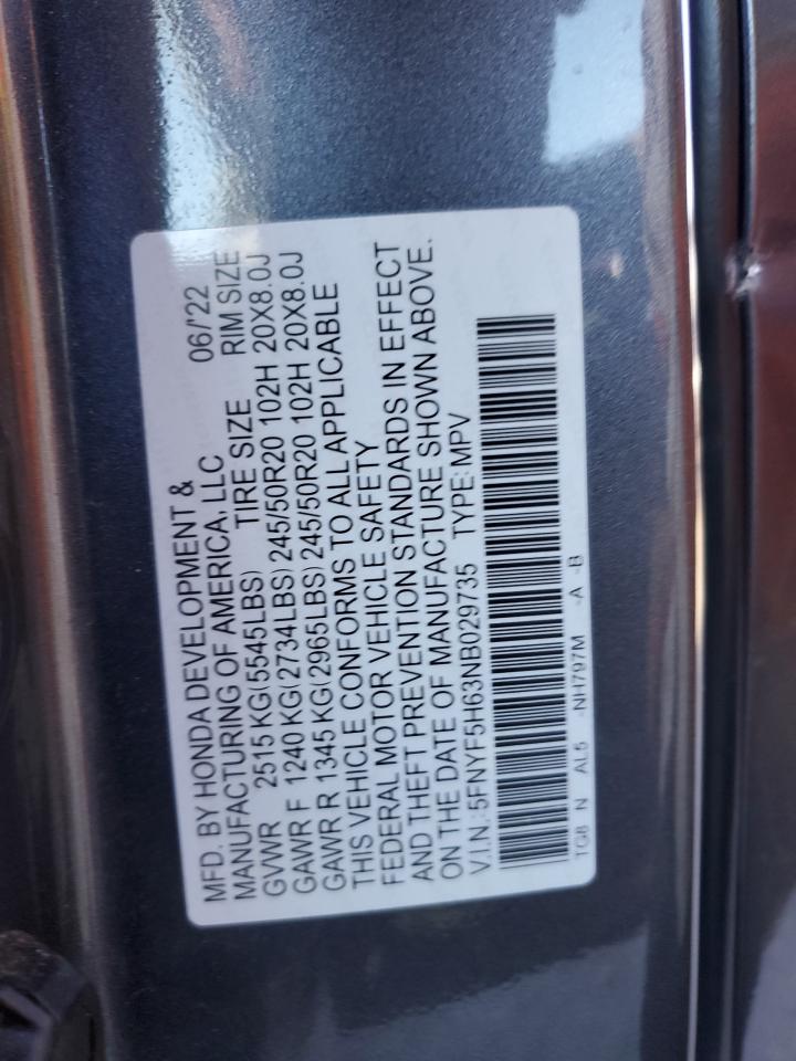 2022 HONDA PILOT TOURING VIN:5FNYF5H63NB029735