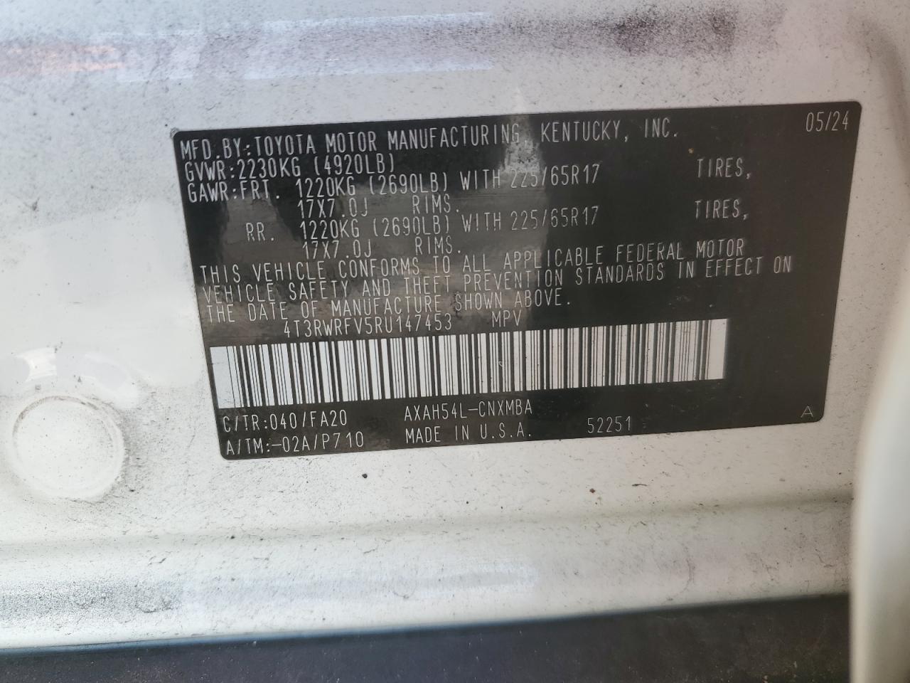 2024 TOYOTA RAV4 XLE VIN:4T3RWRFV5RU147453