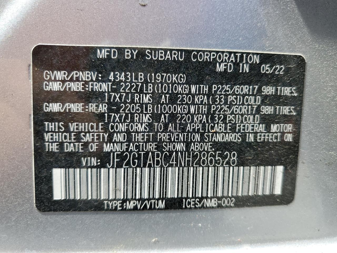 2022 SUBARU CROSSTREK  VIN:JF2GTABC4NH286528