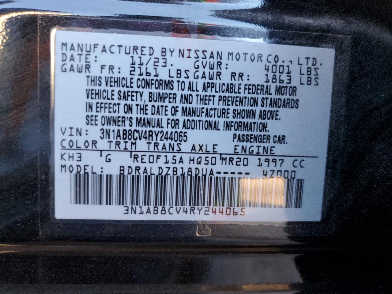 2024 NISSAN SENTRA SV VIN:3N1AB8CV4RY244065