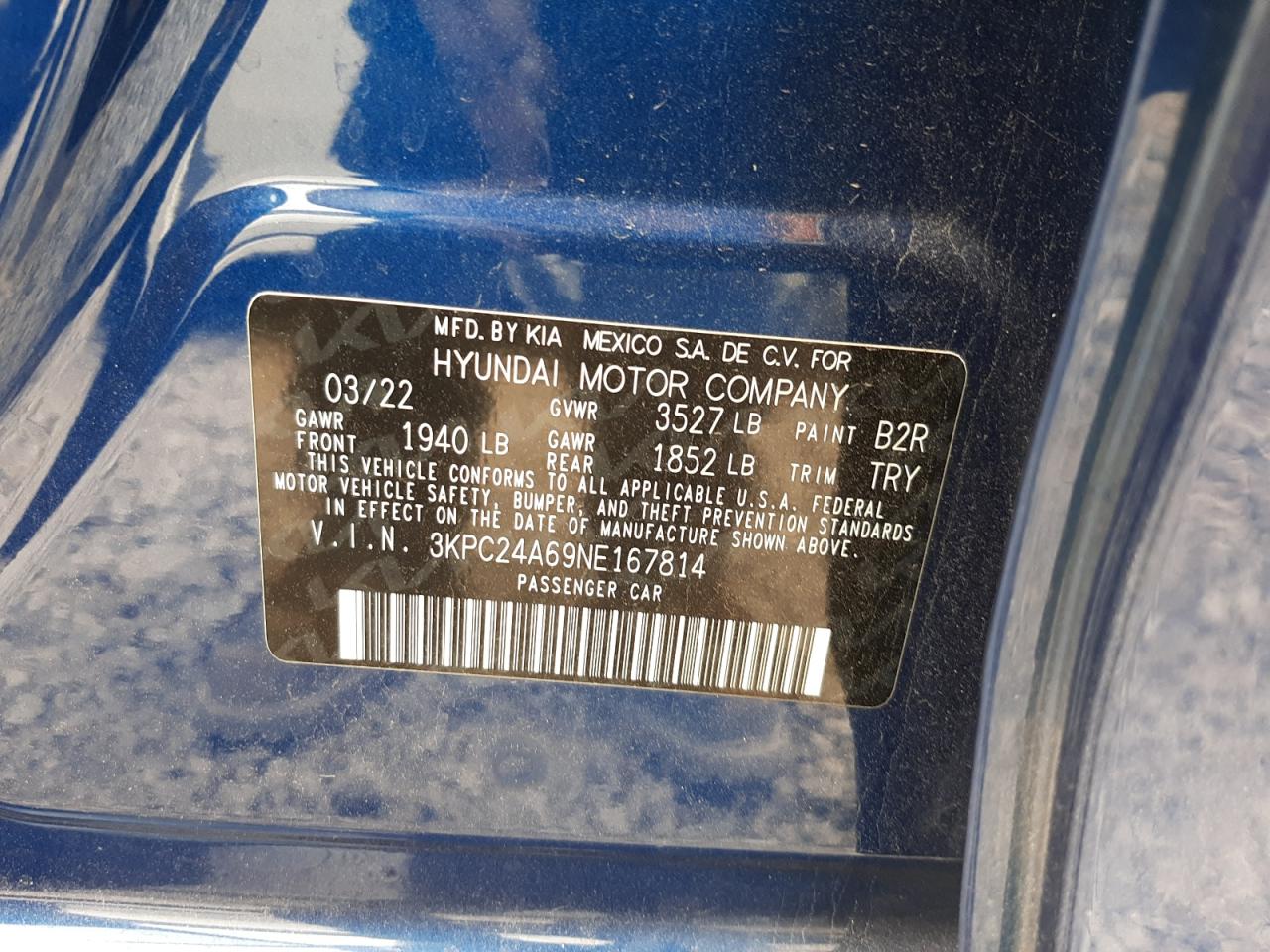 2022 HYUNDAI ACCENT SE VIN:3KPC24A69NE167814