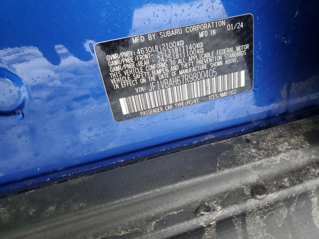 2024 SUBARU WRX PREMIUM VIN:JF1VBAH67R9800405