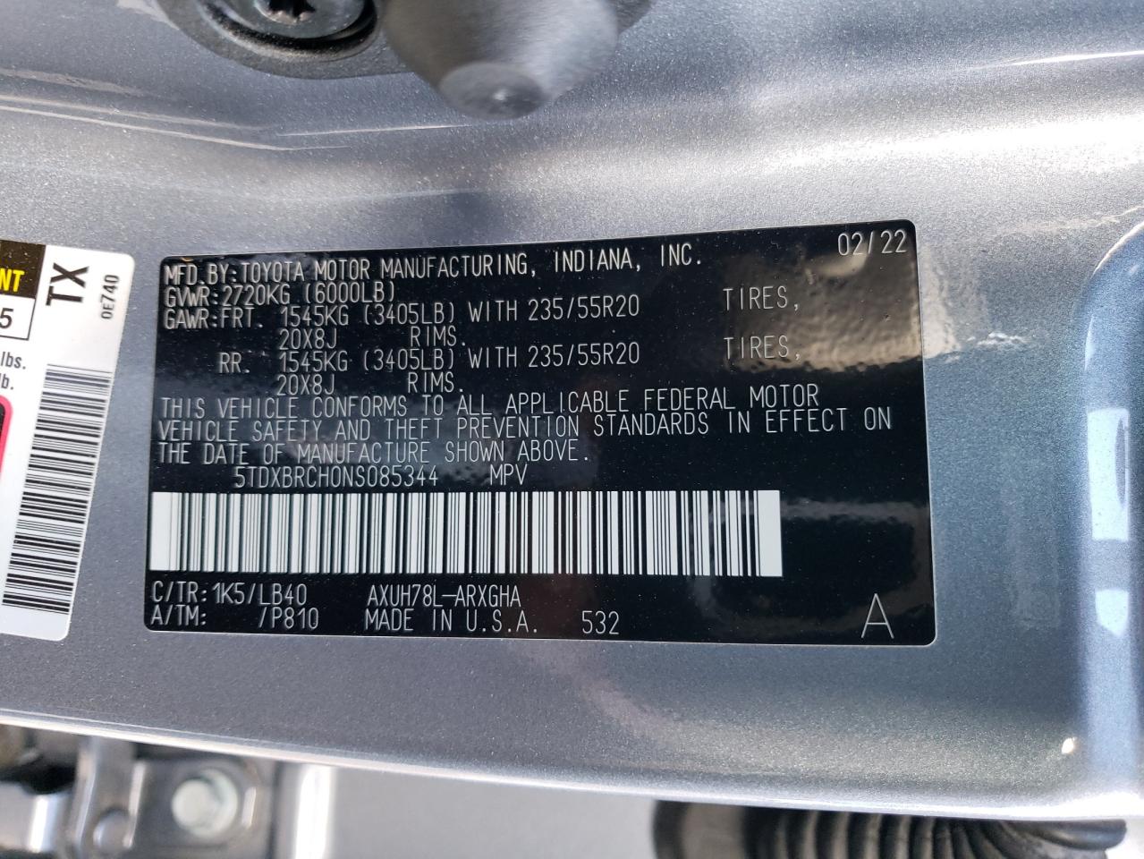 2022 TOYOTA HIGHLANDER HYBRID LIMITED VIN:5TDXBRCH0NS085344