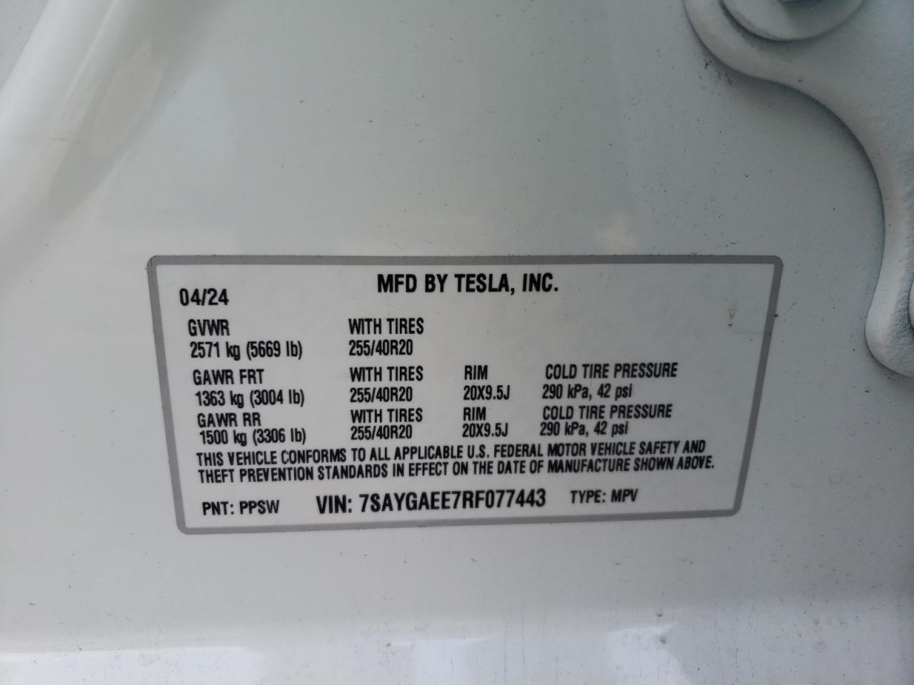 2024 TESLA MODEL Y  VIN:7SAYGAEE7RF077443