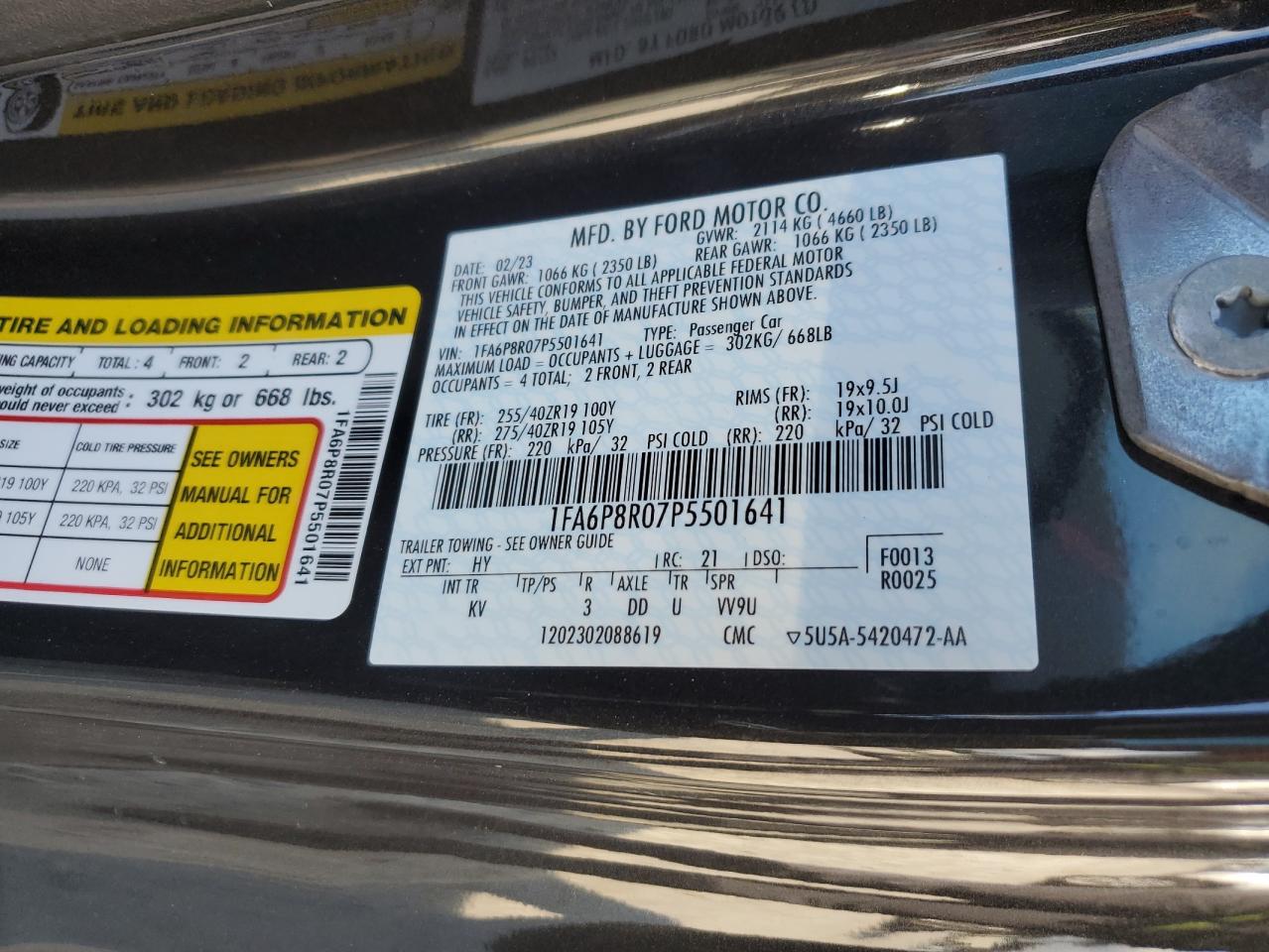 2023 FORD MUSTANG MACH I VIN:1FA6P8R07P5501641