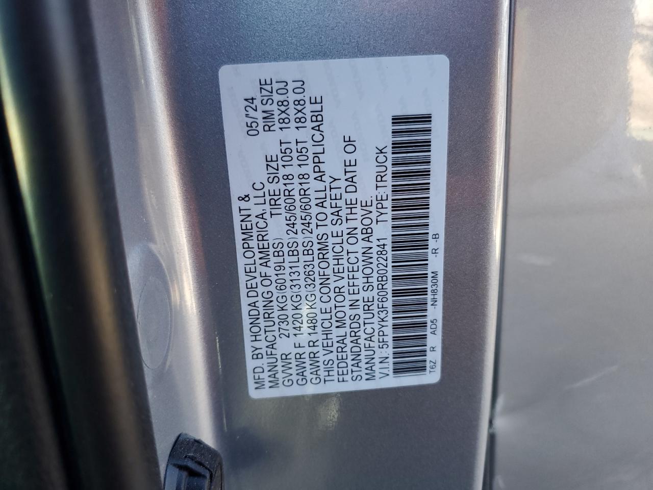 2024 HONDA RIDGELINE TRAIL SPORT VIN:5FPYK3F60RB022841