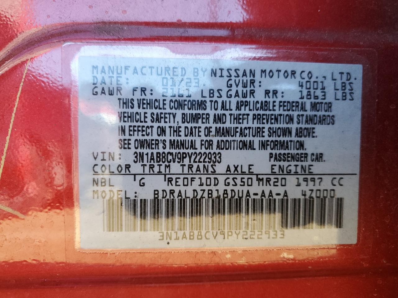 2023 NISSAN SENTRA SV VIN:3N1AB8CV9PY222933