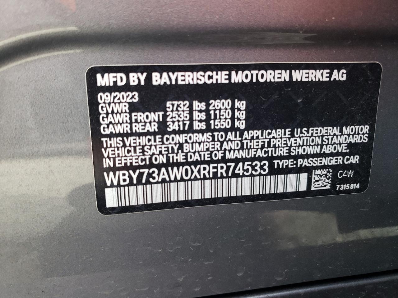 2024 BMW I4 EDRIVE 40 VIN:WBY73AW0XRFR74533