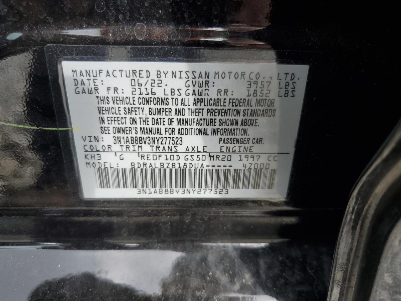 2022 NISSAN SENTRA S VIN:3N1AB8BV3NY277523