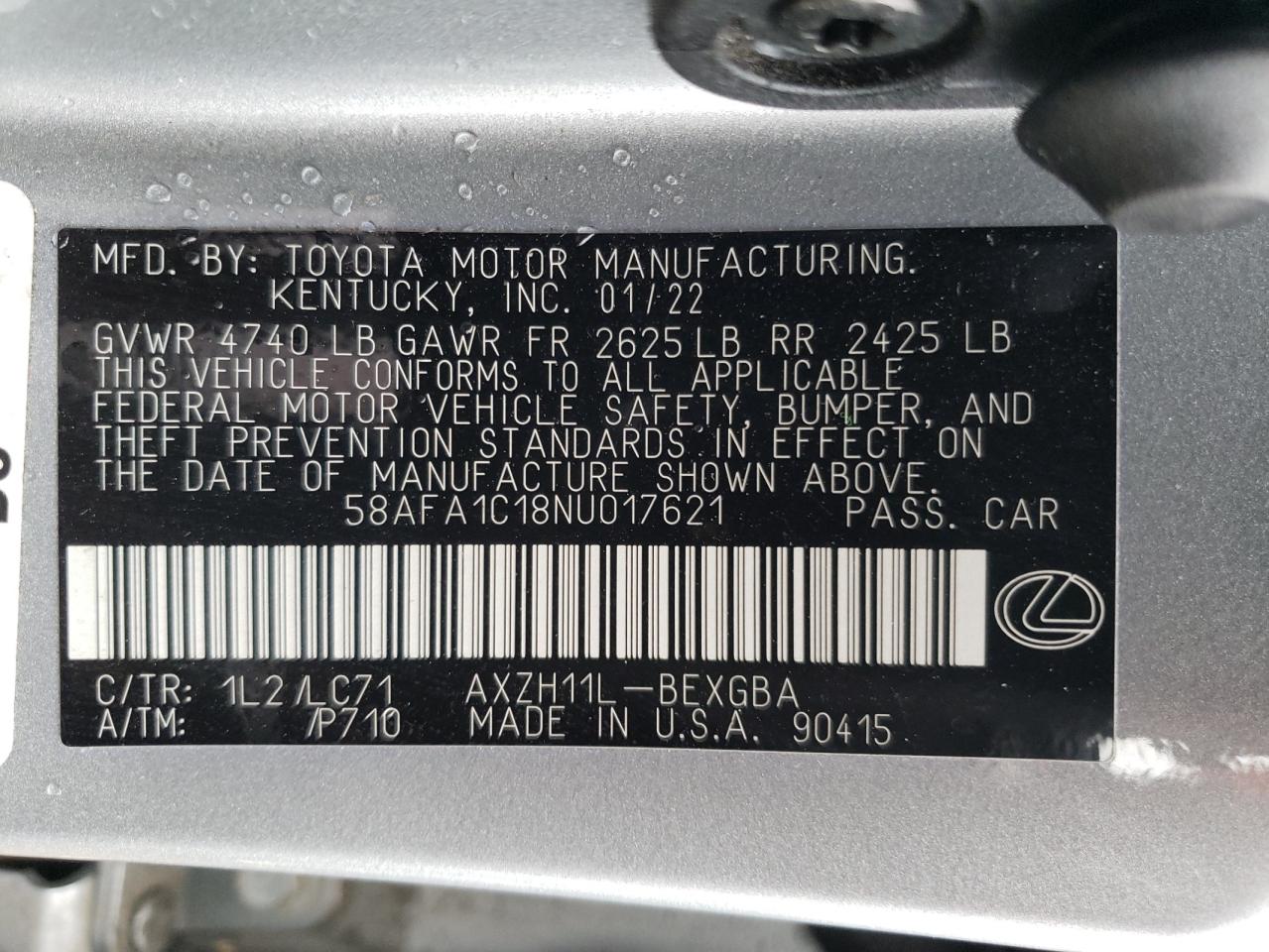 2022 LEXUS ES 300H BASE VIN:58AFA1C18NU017621