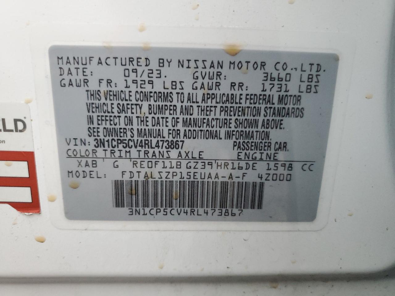 2024 NISSAN KICKS SV VIN:3N1CP5CV4RL473867