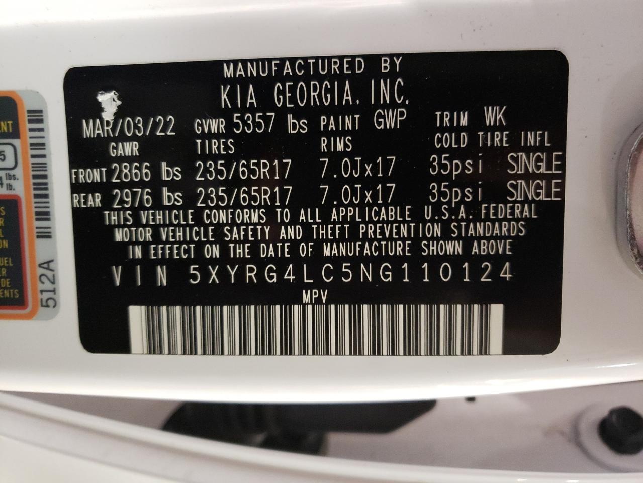 2022 KIA SORENTO LX VIN:5XYRG4LC5NG110124