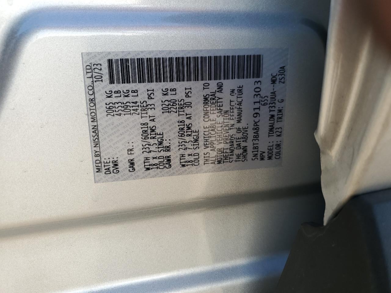 2023 NISSAN ROGUE SV VIN:5N1BT3BA8PC911303
