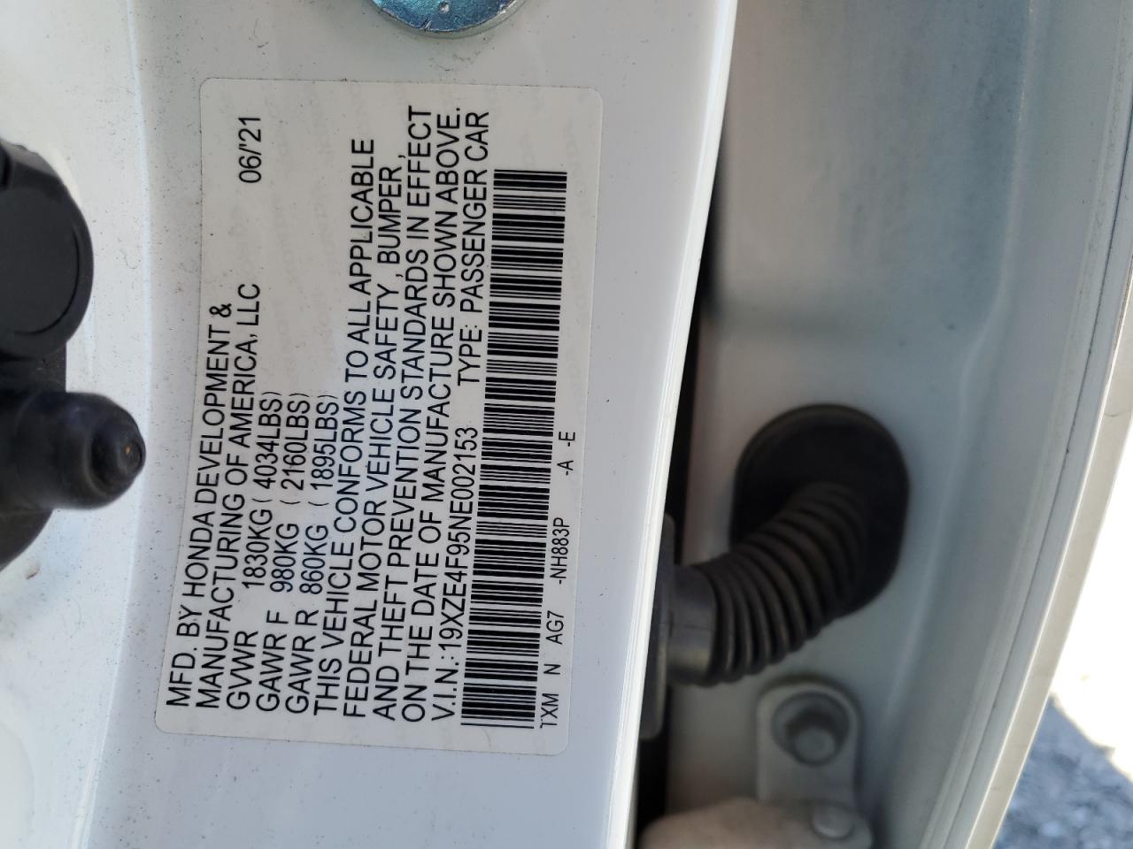 2022 HONDA INSIGHT TOURING VIN:19XZE4F95NE002153