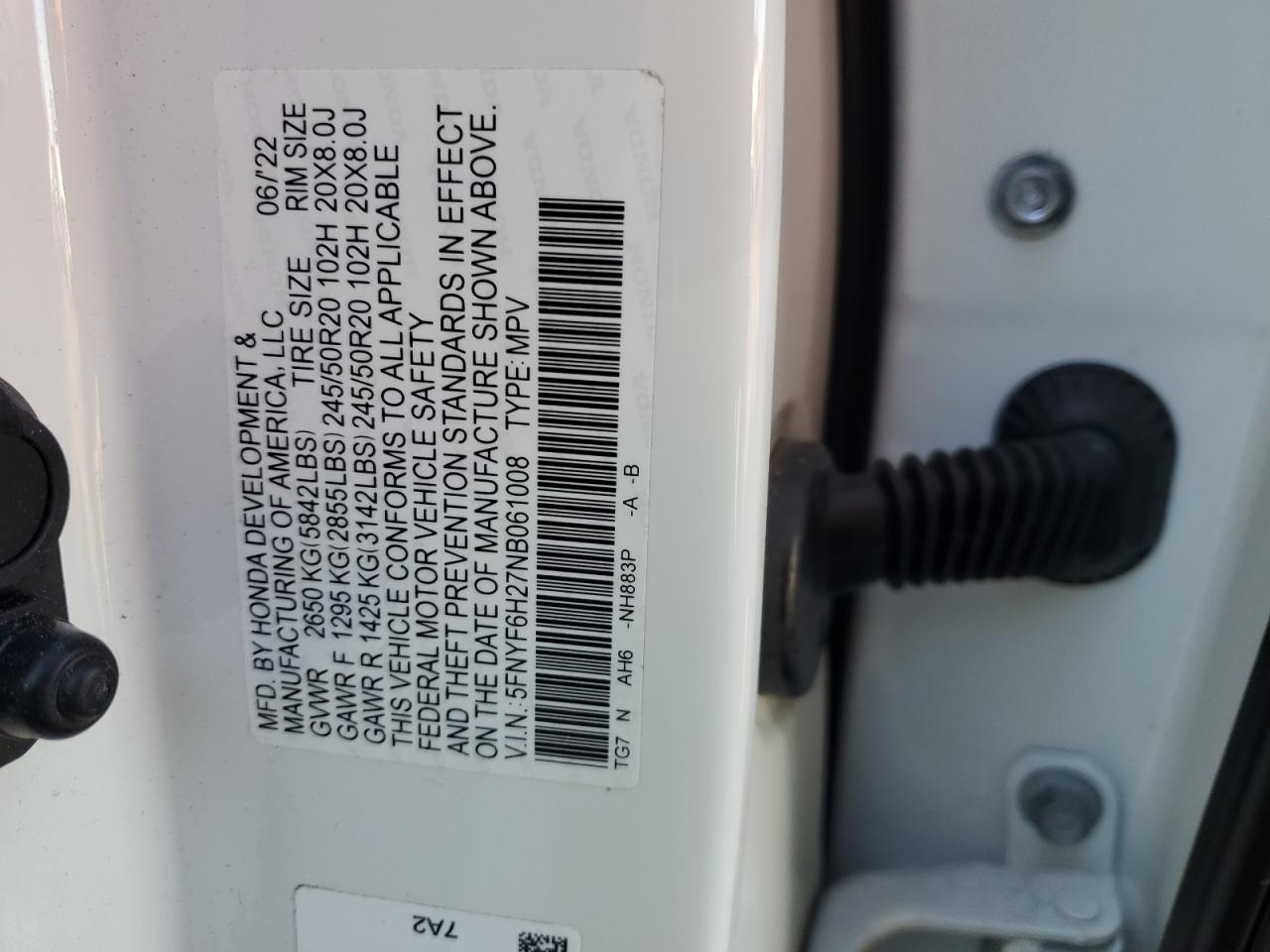 2022 HONDA PILOT SE VIN:5FNYF6H27NB061008