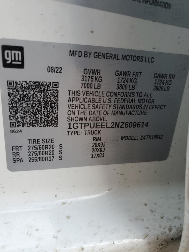 2022 GMC SIERRA K1500 AT4 VIN:1GTPUEEL2NZ609614