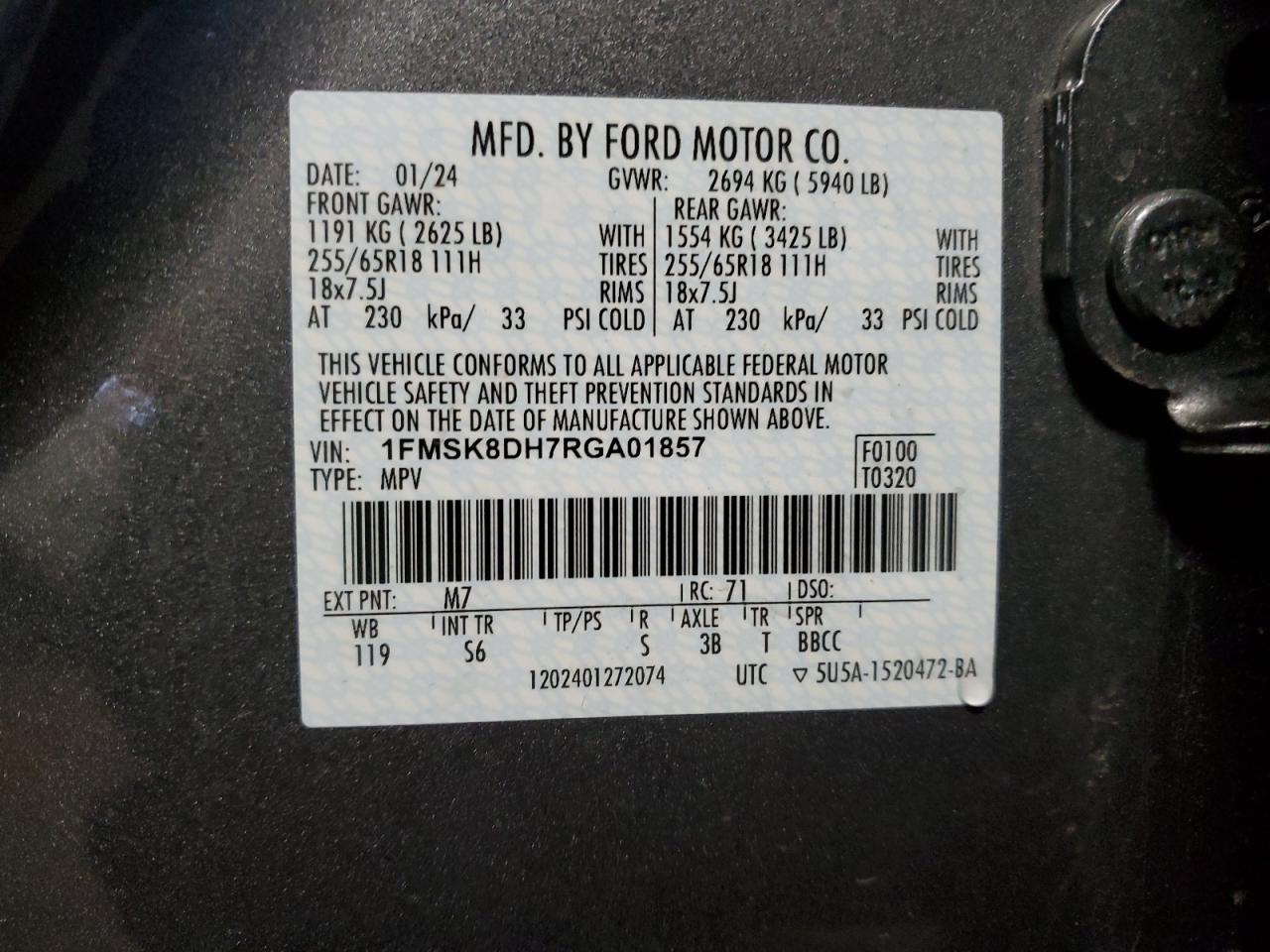 2024 FORD EXPLORER XLT VIN:1FMSK8DH7RGA01857