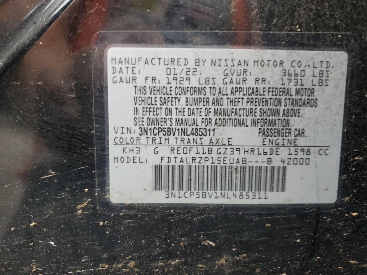 2022 NISSAN KICKS S VIN:3N1CP5BV1NL485311