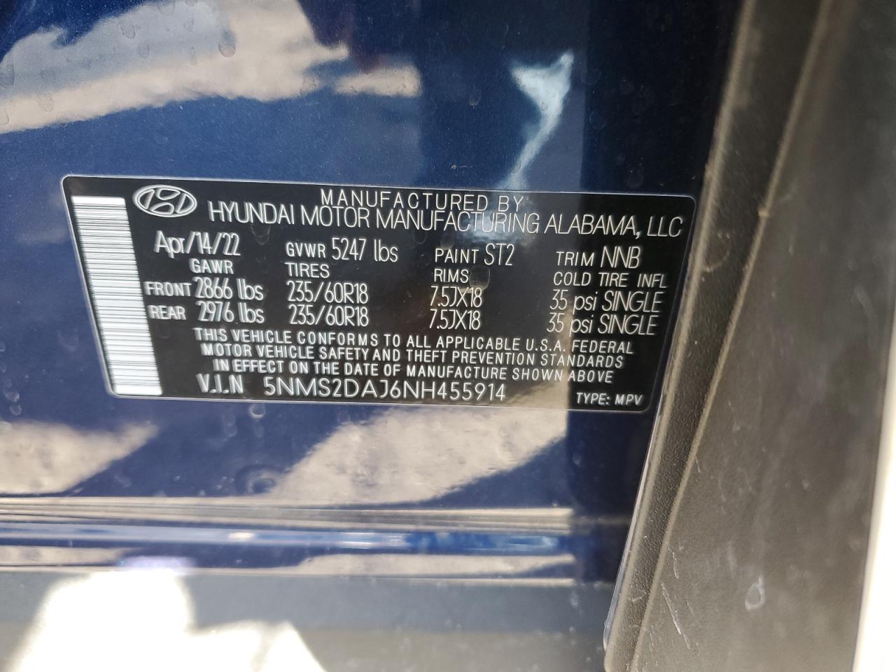 2022 HYUNDAI SANTA FE SEL VIN:5NMS2DAJ6NH455914