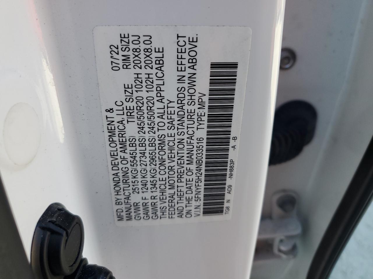 2022 HONDA PILOT SE VIN:5FNYF5H24NB033516