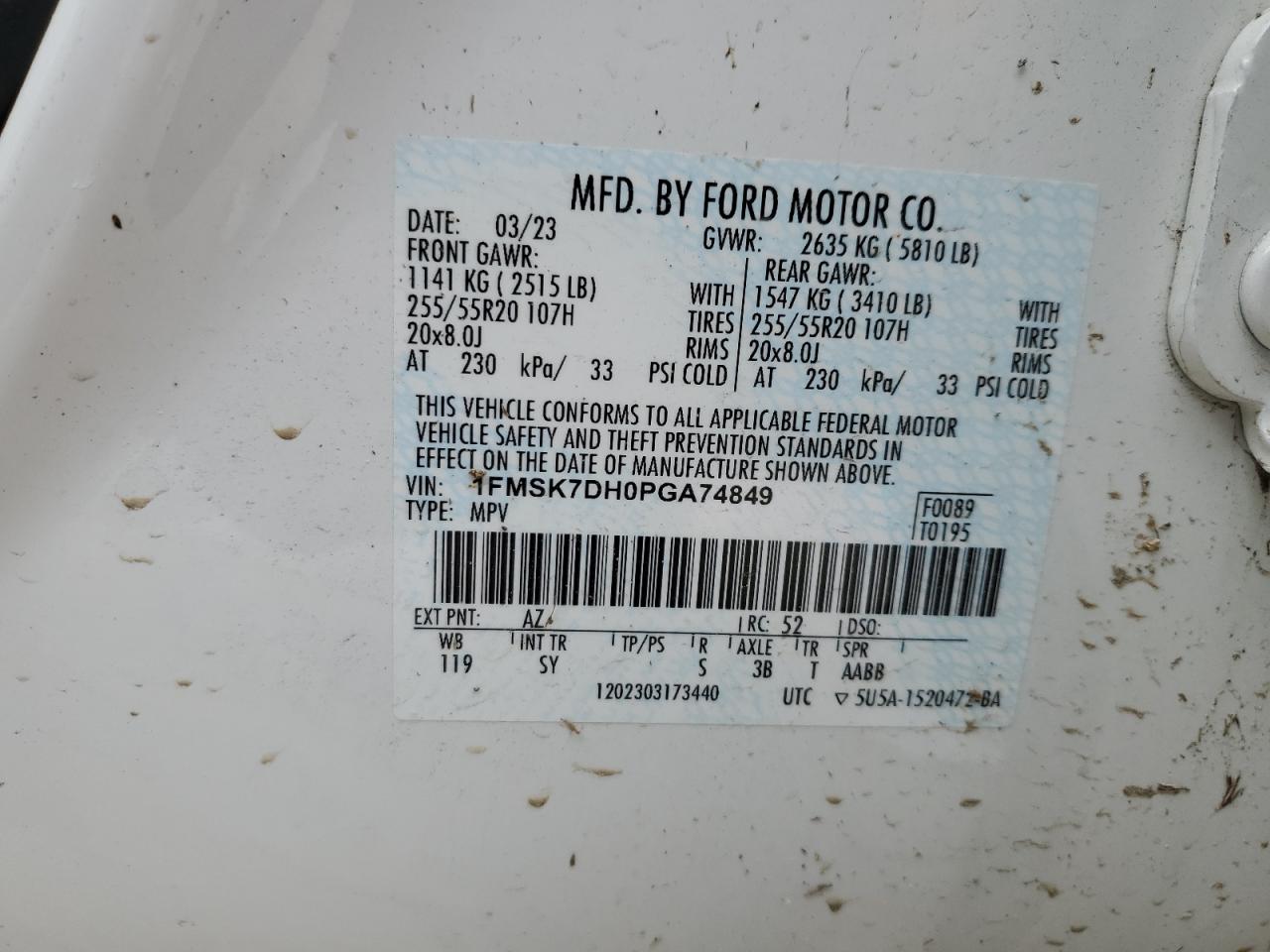 2023 FORD EXPLORER XLT VIN:1FMSK7DH0PGA74849