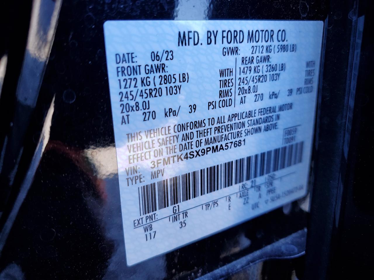 2023 FORD MUSTANG MACH-E GT VIN:3FMTK4SX9PMA57681