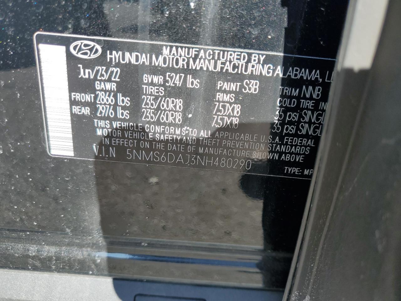 2022 HYUNDAI SANTA FE SEL VIN:5NMS6DAJ3NH480290