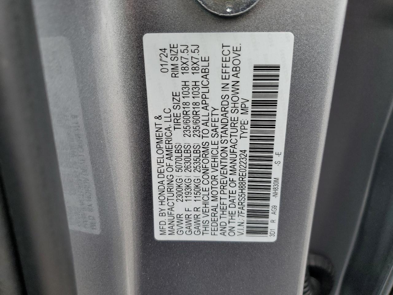 2024 HONDA CR-V SPORT-L VIN:7FARS5H88RE022324