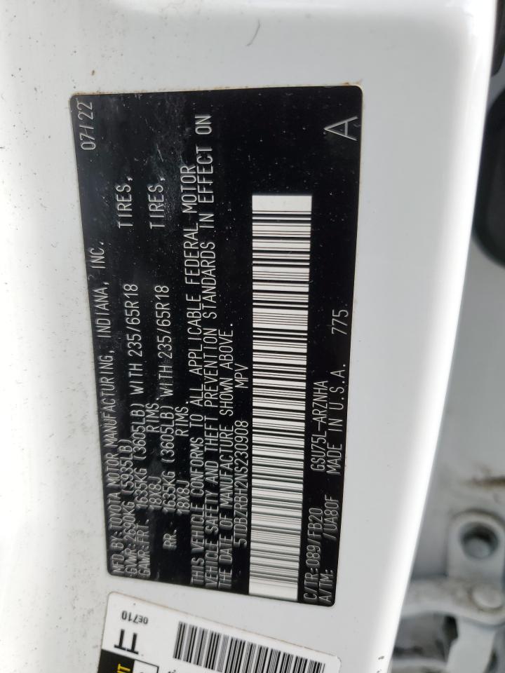 2022 TOYOTA HIGHLANDER L VIN:5TDBZRBH2NS230908