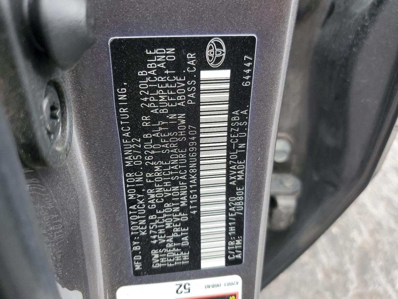 2022 TOYOTA CAMRY SE VIN:4T1G11AK8NU699407