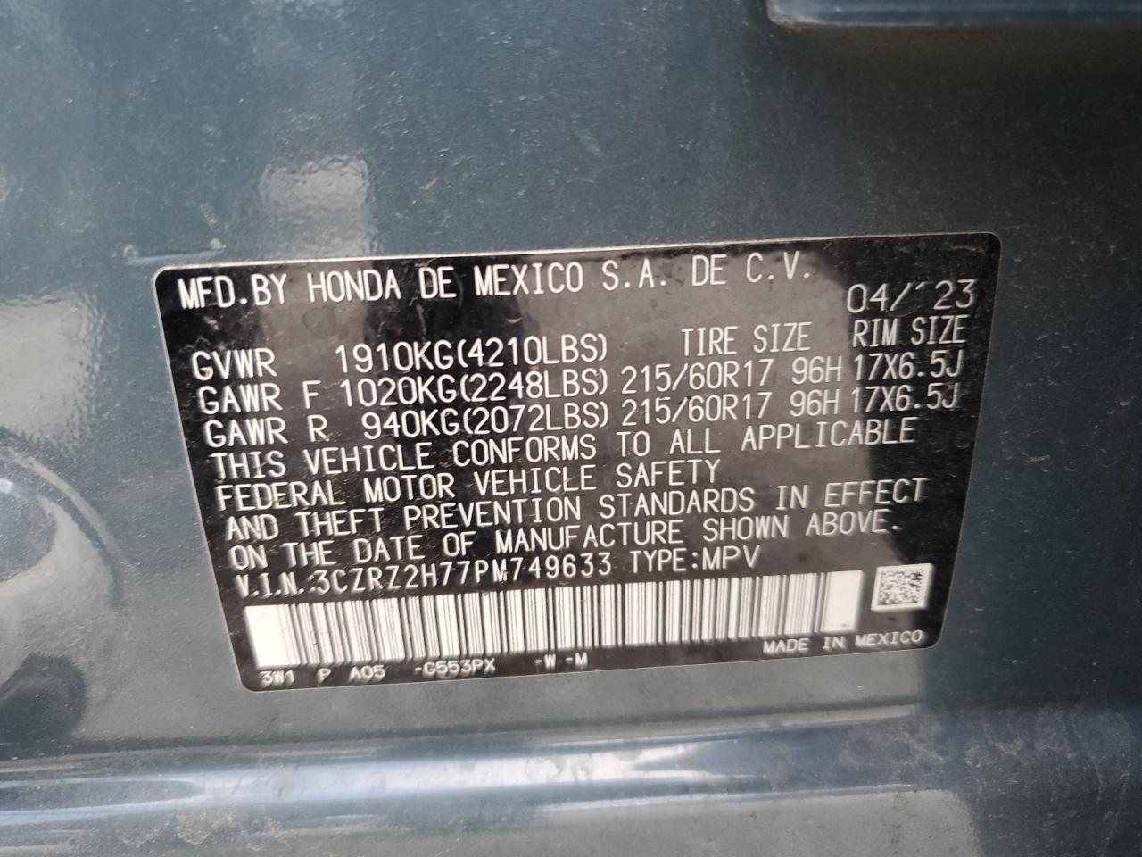 2023 HONDA HR-V EXL VIN:3CZRZ2H77PM749633