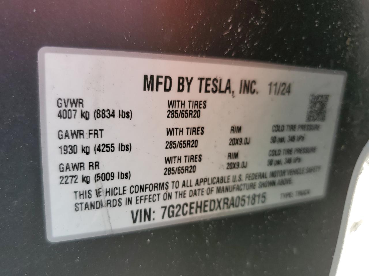 2024 TESLA CYBERTRUCK  VIN:7G2CEHEDXRA051815