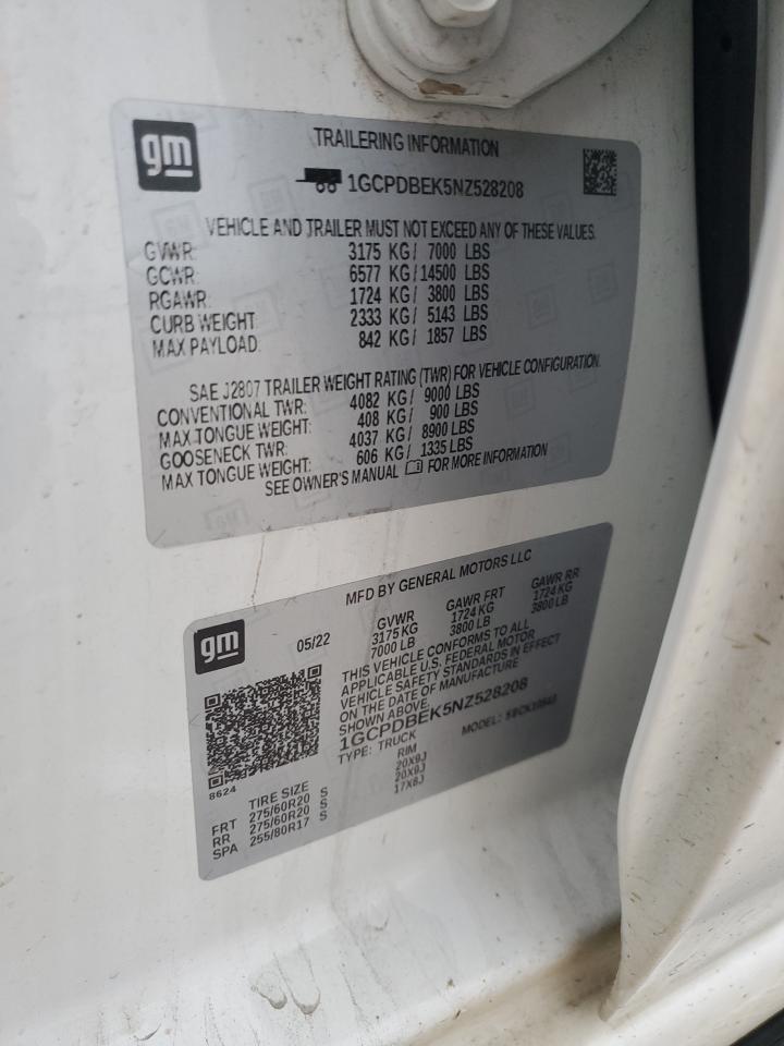 2022 CHEVROLET SILVERADO K1500 CUSTOM VIN:1GCPDBEK5NZ528208